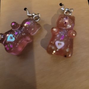 Pinkish purple glittery bear threader earrings with hearts